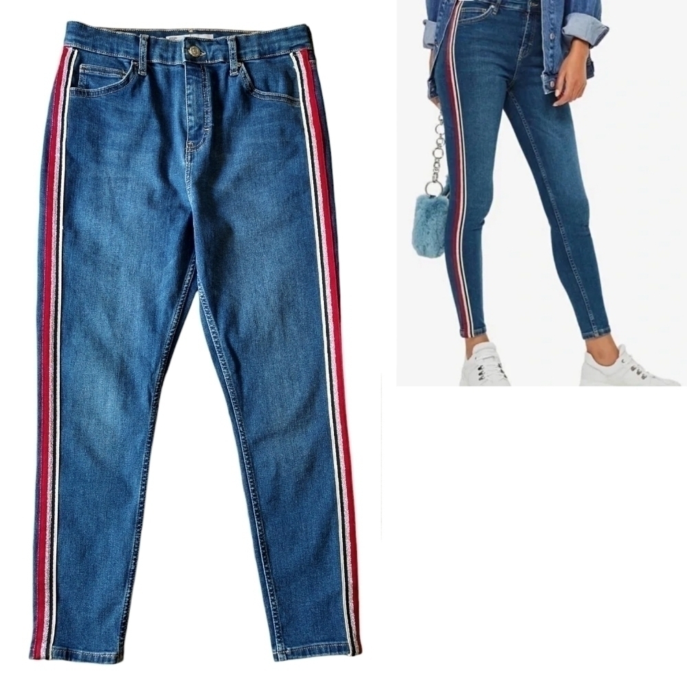 Topshop Moto Jamie Red Stripe Medium Wash Cropped Skinny Ankle Jeans Modern